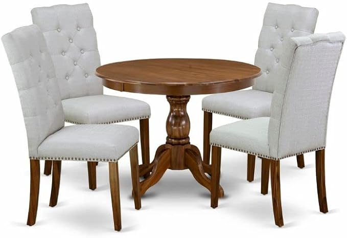 East West Furniture Hartland 5 Piece Set Includes a Round Dining Room Table with Pedestal and 4 Grey Linen Fabric Upholstered Chairs, 42x42 Inch, Walnut - LeafyLoom