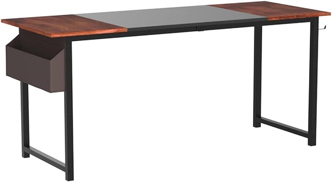 63 Inch Home Office Computer Two-Color Panel Desk with Storage Bag and Hook, Black, Sandalwood Color, Industrial Modern Laptop Desk - LeafyLoom
