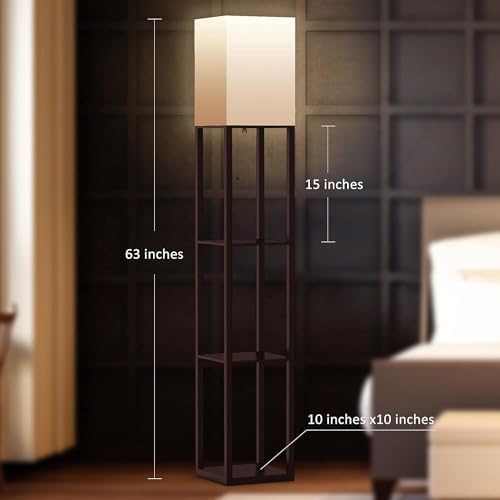 PAZZO Floor Lamp with Shelves by Solid Wood, Modern Shelf Floor Lamp with 3 Color Temperature, Linen Lampshade and Storage Shelves for Living Room, Bedroom, Bulb Included(Brown) - LeafyLoom