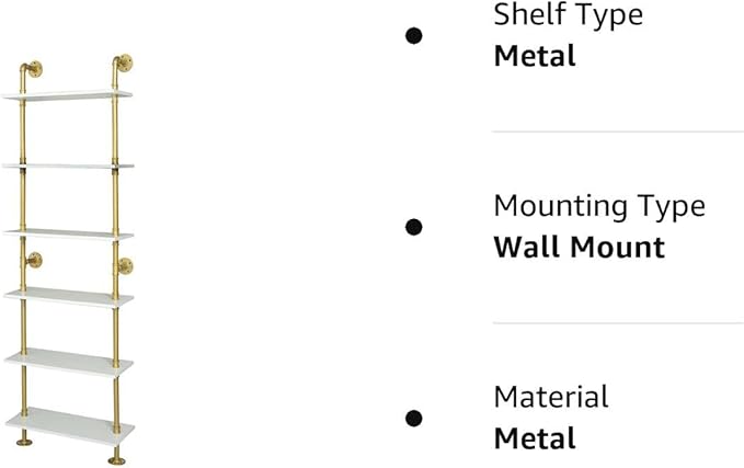 6 Tier Gold Bookshelf, White and Gold Shelves, Modern Shelves Shelf Bookcase Metal Mid Century Open Industrial Wall Mount Accents Decor Retail Shelving Vertical for Living Room - LeafyLoom