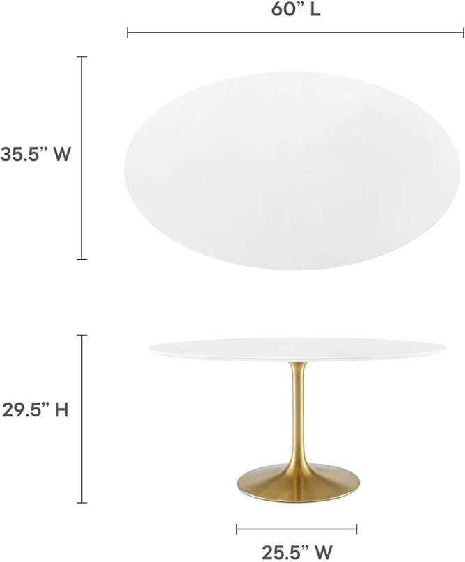 Modway Lippa 60" Oval-Shaped Mid-Century Modern Dining Table with White Wood Top and Gold Base - LeafyLoom
