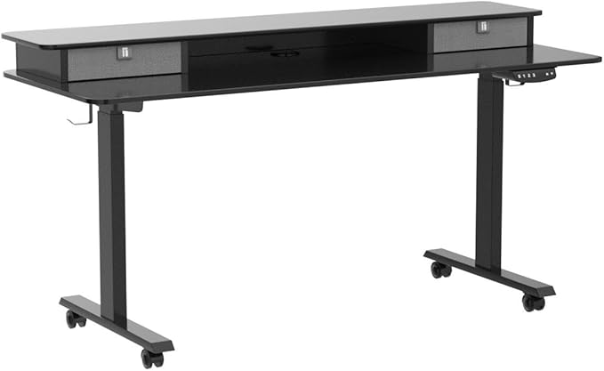 BANTI 60x24 Inch Electric Standing Desk with Double Drawers, Adjustable Height Stand Up Desk, Sit Stand Home Office Desk with Storage Shelf, Black Top - LeafyLoom