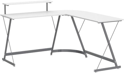 SHW Vista L-Shape Desk with Monitor Stand, White - LeafyLoom