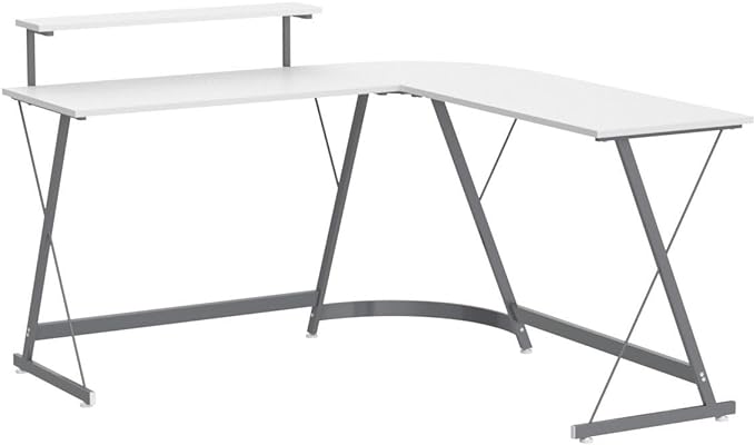 SHW Vista L-Shape Desk with Monitor Stand, White - LeafyLoom