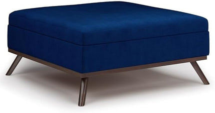 SIMPLIHOME Owen 36 Inch Wide Mid Century Modern Square Coffee Table Lift Top Storage Ottoman in Upholstered Blue Velvet, For the Living Room - LeafyLoom