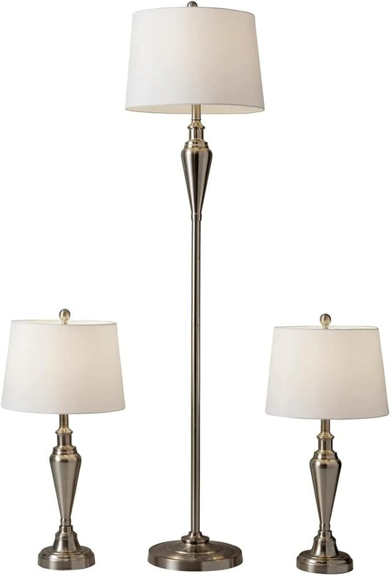 Adesso 1583-22 Glendale 3-Piece Floor Lamp Set, 59.5 in./25.5 in., 150W, Brushed Steel/White, 3 Antique Lamps - LeafyLoom