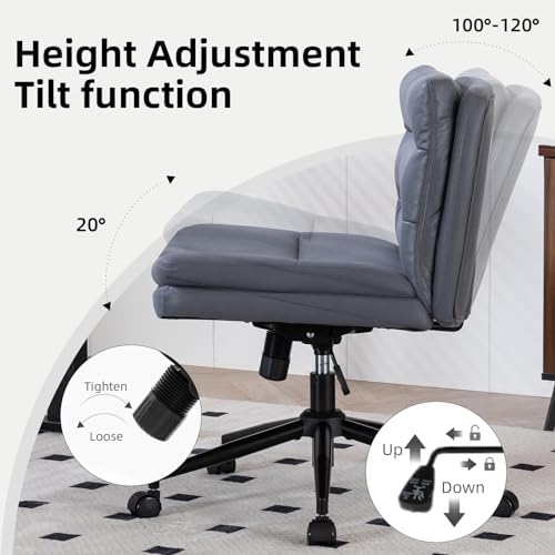 Armless Office Chair with Wheels Wide Desk Chair Leather Mid Back Accent Chair Padded Swivel Vanity Chair for Girl Women Computer Task Chair for Home Office (Suede Fabric, Gray&Blue) - LeafyLoom