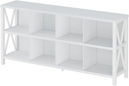FATORRI 8 Cube Storage Organizer Bookshelf, Rustic Wood Cubby Bookcase, Industrial Horizontal Long Shelf for Living Room (White Oak, 62 Inch) - LeafyLoom