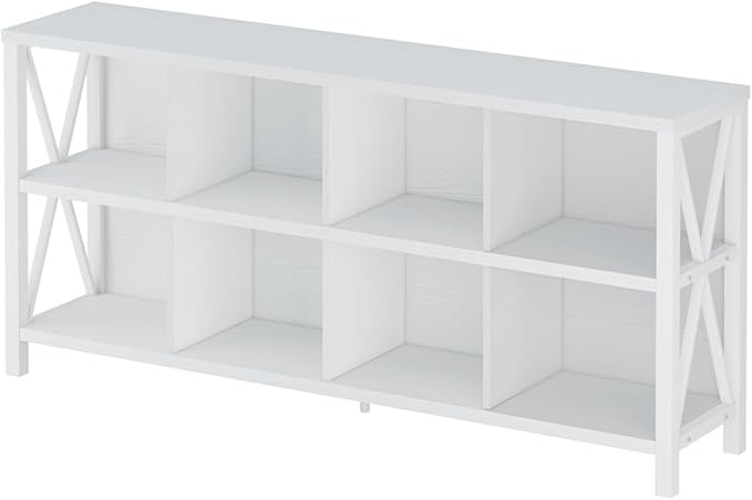 FATORRI 8 Cube Storage Organizer Bookshelf, Rustic Wood Cubby Bookcase, Industrial Horizontal Long Shelf for Living Room (White Oak, 62 Inch) - LeafyLoom