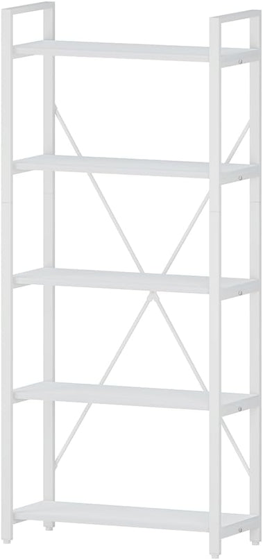 FATORRI 5 Tier Bookshelf, Metal and Wood Bookcase, Etagere Book Shelf for Display, Modern Shelving Unit Tall Book case for Home Office, Living Room, Bedroom (White Oak) - LeafyLoom