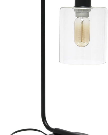 Simple Designs LD1066-BLK Bronson Antique Style Industrial Iron Lantern Desk Bedside Table Lamp with Dual 2 USB Charging Ports and Glass Shade, Black - LeafyLoom