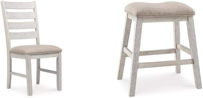Signature Design by Ashley Skempton 20" Modern Farmhouse Dining Room Chair, 2 Count, Whitewash & Skempton Modern 24" Counter Height Upholstered Barstool, 2 Count, Whitewash - LeafyLoom