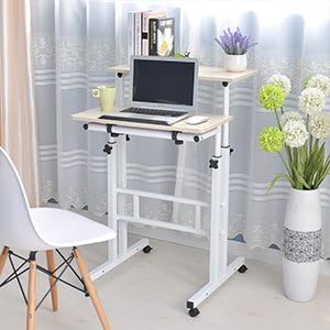 soges Mobile Standing DeskAdjustable Height, Roling Sit-Stand Desk, Small Standing Computer Desk Workstation on Wheels, Sit Stand Up Desk for Home Office, White Maple - LeafyLoom