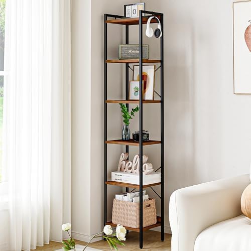 Bookshelf, Book Shelf, Industrial Bookcase with 2 Hooks, Coner Shelf Storage Organizer for Home Office, Living Room, Bedroom, Kitchen, 6-Tier Rustic Brown BC10701B - LeafyLoom