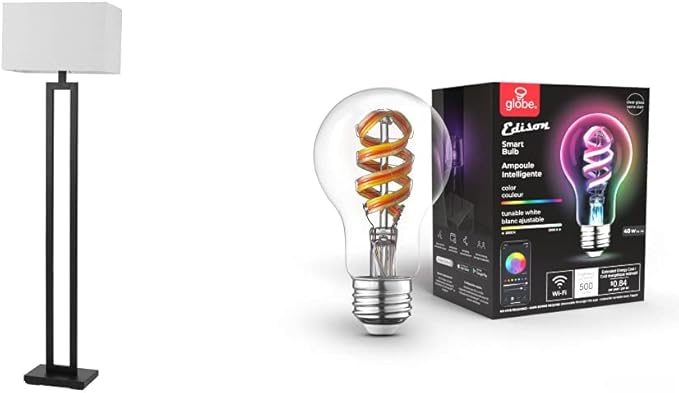 Globe Electric 67046 D'Alessio 58" Matte Black Floor Lamp with White Linen Shade + 35850 Wi-Fi Smart 7W (40W Equivalent) Multicolor Changing RGB Tunable White Clear LED Light Bulb, A19 Shape, E26 Base - LeafyLoom