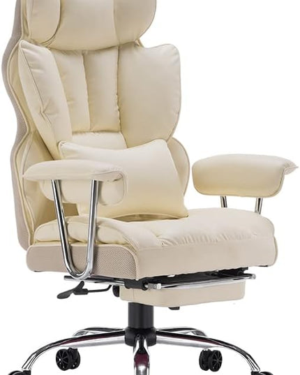 Desk Office Chair 400LBS, Big and Tall Office Chair, PU Leather Computer Chair, Executive Office Chair with Leg Rest and Lumbar Support, Beige Office Chair - LeafyLoom