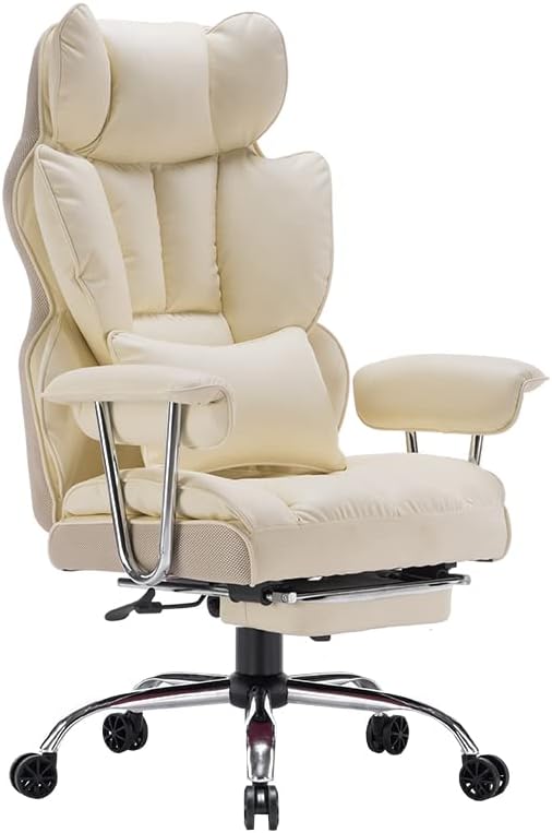 Desk Office Chair 400LBS, Big and Tall Office Chair, PU Leather Computer Chair, Executive Office Chair with Leg Rest and Lumbar Support, Beige Office Chair - LeafyLoom