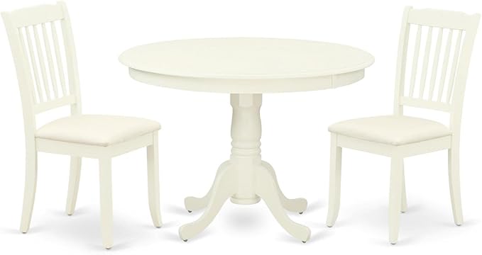 East West Furniture HLDA3-LWH-C 3 Piece Dining Room Table Set Contains a Round Kitchen Table with Pedestal and 2 Linen Fabric Upholstered Dining Chairs, 42x42 Inch, Linen White - LeafyLoom