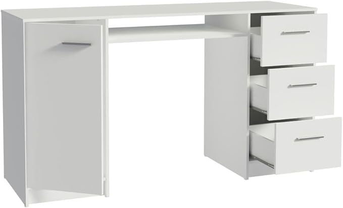 Madesa Computer Desk with 3 Drawers, 1 Door and 1 Storage Shelf, Wood Writing Home Office Workstation, Office Desk with Drawers - 30” H x 18” D x 53” W - White - LeafyLoom