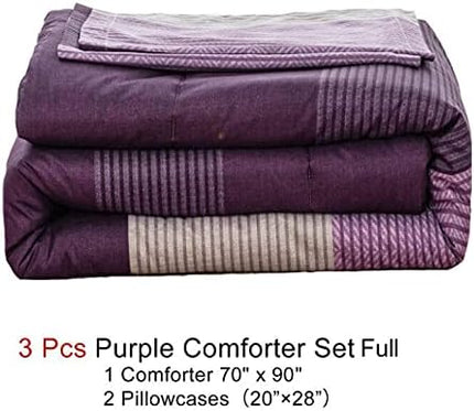 WONGS BEDDING Purple Comforter Set Full, Reversible Purple Patchwork Striped Down Alternative Comforter Set for Full Bed,3 Pieces(1 Comforter+2 Pillowcases), Soft Microfiber Bedding Set 78”×90” - LeafyLoom