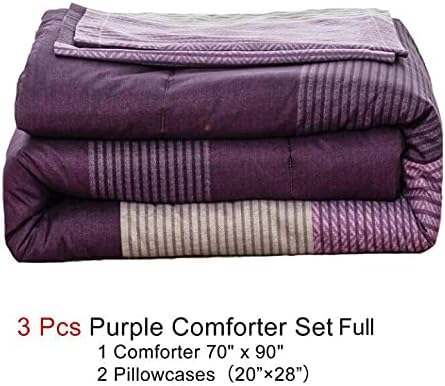WONGS BEDDING Purple Comforter Set Full, Reversible Purple Patchwork Striped Down Alternative Comforter Set for Full Bed,3 Pieces(1 Comforter+2 Pillowcases), Soft Microfiber Bedding Set 78”×90” - LeafyLoom