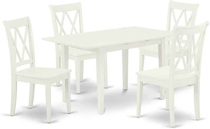 East West Furniture NOCL5-LWH-W 5 Piece Kitchen Table & Chairs Set Includes a Rectangle Dining Room Table with Butterfly Leaf and 4 Solid Wood Seat Chairs, 32x54 Inch, Linen White - LeafyLoom