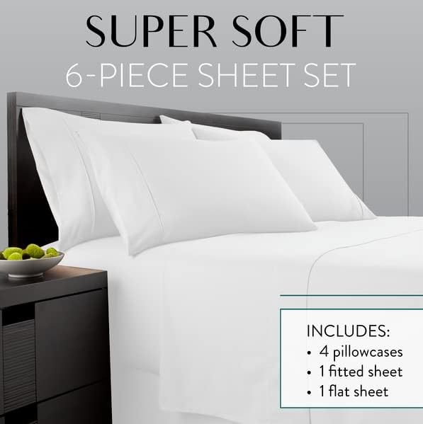 Danjor Linens Queen Sheet Set - 6 Piece Set including 4 Pillowcases - Deep Pockets - Breathable, Soft Bed Sheets - Wrinkle Free - Machine Washable - White Sheets for Queen Size Bed - 6 pc - LeafyLoom