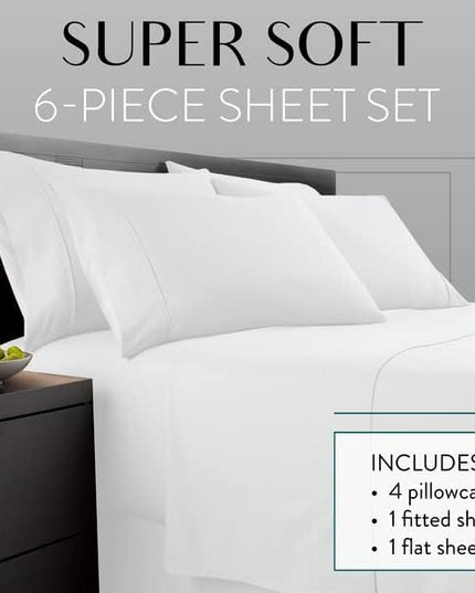 Danjor Linens King Size Sheets Set - 6 Piece Set Including 4 Pillowcases - Deep Pockets - Breathable, Soft Bed Sheets - Wrinkle Free - Machine Washable - White King Bed Sheets - 6 pc - LeafyLoom