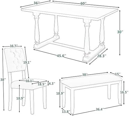 6-Piece Wooden Rectangular Dining Set with 4 Bench, Table with Special-Shaped Legs, Four Fabric Upholstered Tufted Chairs,Modern Industrial Style (Gray) - LeafyLoom