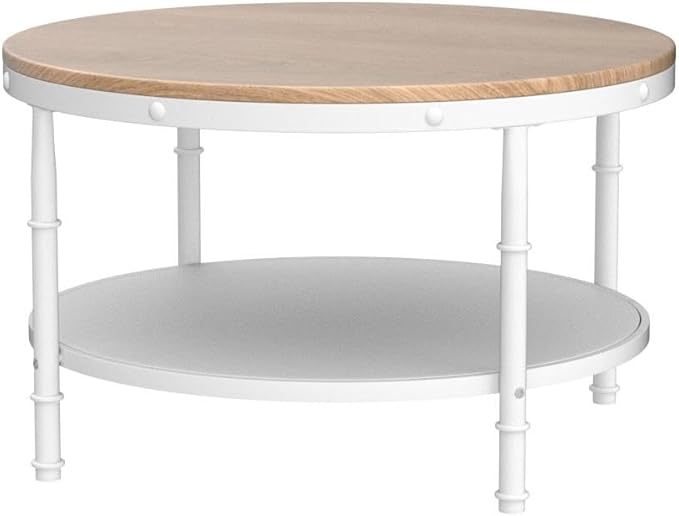 VINGLI 31.5" Natural White Round Farmhouse Coffee Table, 2-Tier Storage Wood Center Circle Accent Table for Living Room, Bedroom, Apartment, Studio and Small Spaces, Sturdy Metal Frame, Natural Color - LeafyLoom