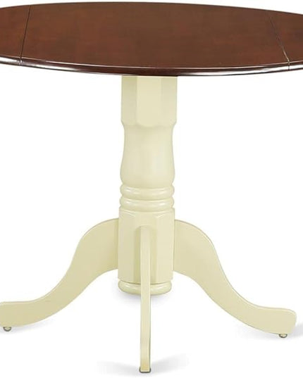 East West Furniture DLT-MMK-TP Dublin Modern Dining Table - a Round Kitchen Table Top with Dropleaf & Pedestal Base, 42x42 Inch, Mahogany & Buttermilk - LeafyLoom
