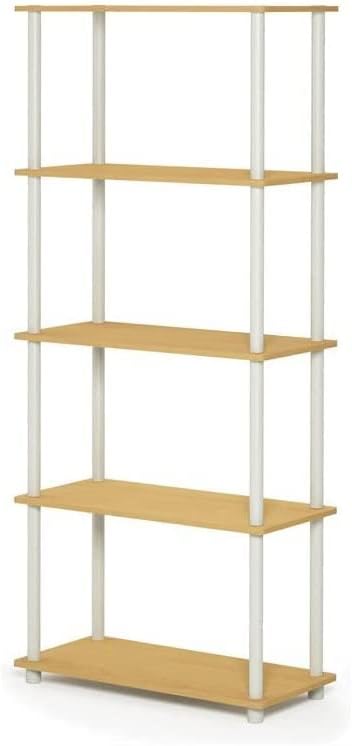 Furinno Turn-N-Tube 5-Tier Multipurpose Shelf / Display Rack / Storage Shelf / Bookshelf, Round Tubes, Beech/White - LeafyLoom