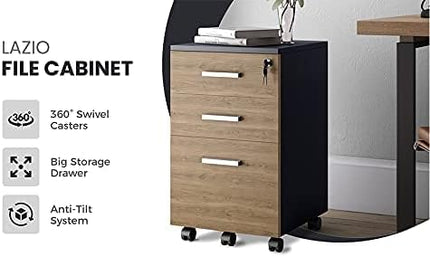 Lazio File Cabinet with Lock - Filing Cabinet for Home and Office - 3 Drawer Small Rolling File Cabinet -Wood Printer Stand with Storage for A4 Size/Legal Documents, File Folders (Cass Walnut/Black) - LeafyLoom