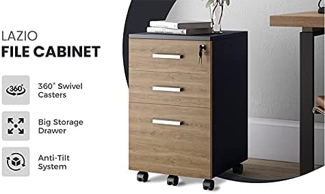 Lazio File Cabinet with Lock - Filing Cabinet for Home and Office - 3 Drawer Small Rolling File Cabinet -Wood Printer Stand with Storage for A4 Size/Legal Documents, File Folders (Cass Walnut/Black) - LeafyLoom