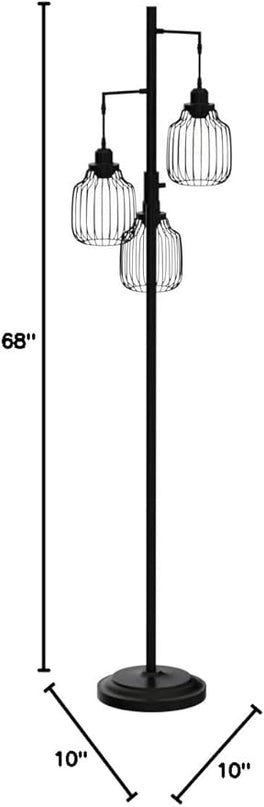Dimmable Floor Lamp with 3 x 800LM LED Edison Bulbs,Tall Standing Lamp for Living Room,Farmhouse Black Corner Floor Lamp,Bright Industrial Rustic Vintage Tree Pole Light with Cage for Bedroom Office - LeafyLoom
