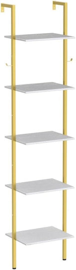 Modern Bookshelf Wall Mounted 5-Tiers Ladder Shelf Gold and White Wooden Bookcase Narrow Thin Bookshelf Open Display Storage Rack for Living Room Bedroom Home Office - LeafyLoom