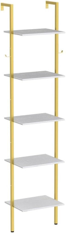 Modern Bookshelf Wall Mounted 5-Tiers Ladder Shelf Gold and White Wooden Bookcase Narrow Thin Bookshelf Open Display Storage Rack for Living Room Bedroom Home Office - LeafyLoom