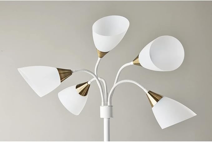 Adesso 7205-02 Multi-White Shade Floor Lamp, Adjustable Gooseneck Arms, White w. Antique Brass Accents - LeafyLoom
