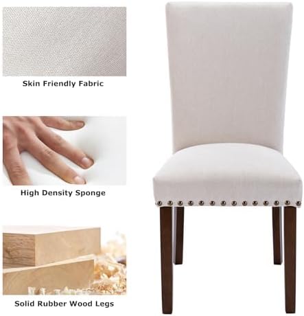 COLAMY Upholstered Parsons Dining Chairs Set of 2, Fabric Dining Room Kitchen Side Chair with Nailhead Trim and Wood Legs - Beige - LeafyLoom