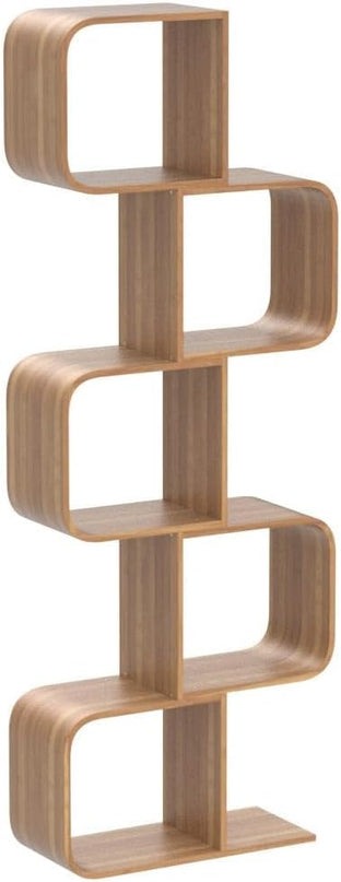 5-Tier S-Shaped Geometric Modern Bamboo Bookshelf, Large Capacity Creative Display Curved Rack Free-standing Bedside Table 2 in 1 Bookcase Storage CDs, DVDs Book Shelf for Home, Office, Living Room - LeafyLoom