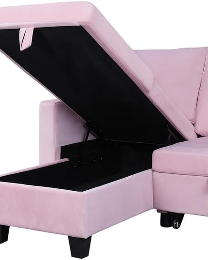 Reversible L Shaped Velvet Sectional Sofa Couch with Storage Chaise, Pull Out Sleeper Bed Removable Back Cushions for Living Room, Apartment, Small Space, Pink, 82.5 - LeafyLoom