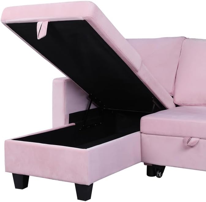 Reversible L Shaped Velvet Sectional Sofa Couch with Storage Chaise, Pull Out Sleeper Bed Removable Back Cushions for Living Room, Apartment, Small Space, Pink, 82.5 - LeafyLoom