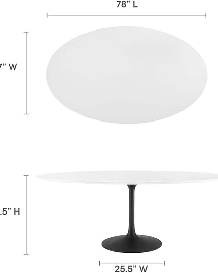 Modway Lippa 78" Oval-Shaped Mid-Century Modern Dining Table with White Wood Top and Black Base - LeafyLoom