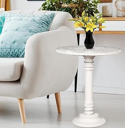 Side Table,Round End Table,Small Table,Side Tables Living Room,End Table,Round Side Table,Altar Table, Carved Side Table,Wood Accent Table,Carved Wood Table Single Pillar 18x22 inch White Antique - LeafyLoom