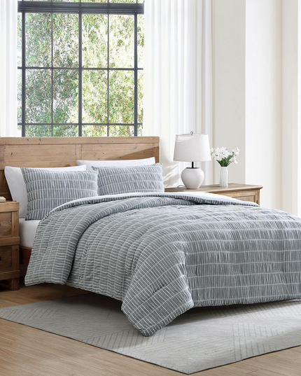 King 100% Cotton Comforter Set | Ivy Denim Blue Puckered Striped Down Alternative Comforter | All Season, Linen-Like, Textured 3 Piece Bedding Comforter Set (King, Ivy Denim Blue) VintageComfort