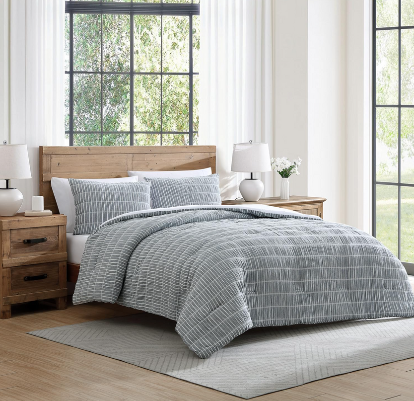 King 100% Cotton Comforter Set | Ivy Denim Blue Puckered Striped Down Alternative Comforter | All Season, Linen-Like, Textured 3 Piece Bedding Comforter Set (King, Ivy Denim Blue) VintageComfort