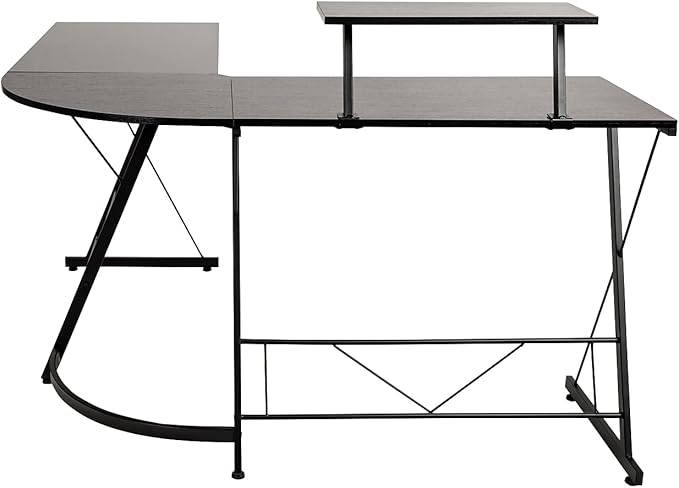 Flash Furniture Ginny Corner Desk - Black/Black Space Saving L-Shaped Gaming Desk with Monitor Shelf - 71.5" 2-Tier Computer Desk, Home Office Desk, Easy Assembly - LeafyLoom