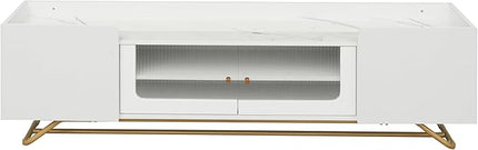 Merax Sleek Design TV Stand with Fluted Glass and Gold Frame Base, Contemporary Entertainment Center for Television Up to 65" Faux Marble Top Console Table for Living Room, 63.07 inch Length, White - LeafyLoom