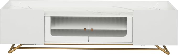 Merax Sleek Design TV Stand with Fluted Glass and Gold Frame Base, Contemporary Entertainment Center for Television Up to 65" Faux Marble Top Console Table for Living Room, 63.07 inch Length, White - LeafyLoom