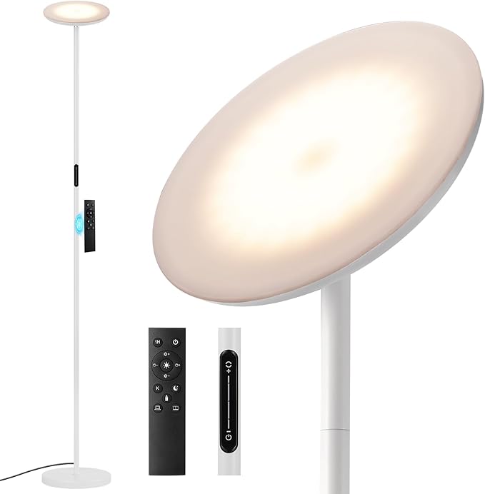 Modern LED Floor Lamp - Remote & Touch Control, 40W/2400LM Sky Torchiere Standing Lamp, Fully Dimmable, 3 Color Temperatures, Ideal for Living Room & Bedroom, Easy to Assemble(White) - LeafyLoom